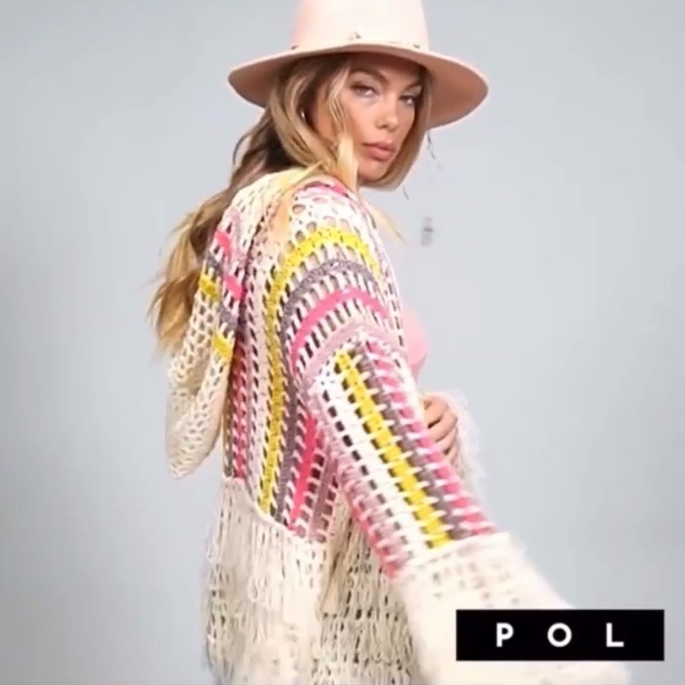 POL Openwork Crochet Fringe Cardigan in Cream, Yellow & Pink Size Large Hooded - Picture 1 of 9